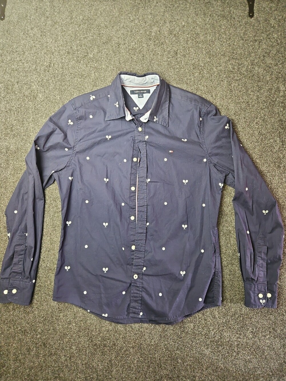 Tommy Hilfiger Men's S/P Oxford Shirt Navy Blue LS Tennis Raquet & Balls AOP